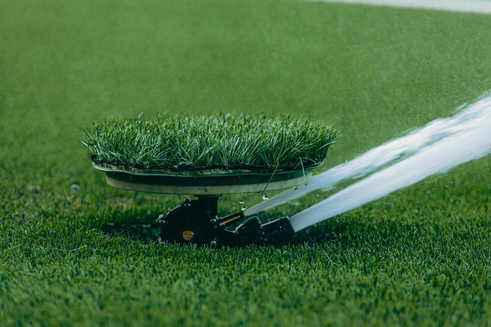 Home A close-up of an automated lawn sprinkler in action, showcasing efficient water usage on lush grass.